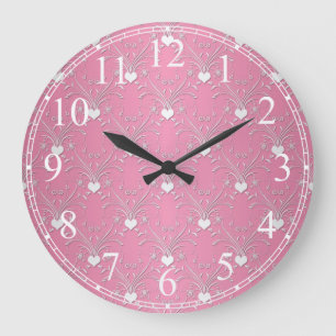 Sweet Pink Hearts Damask Floral Pattern Large Clock