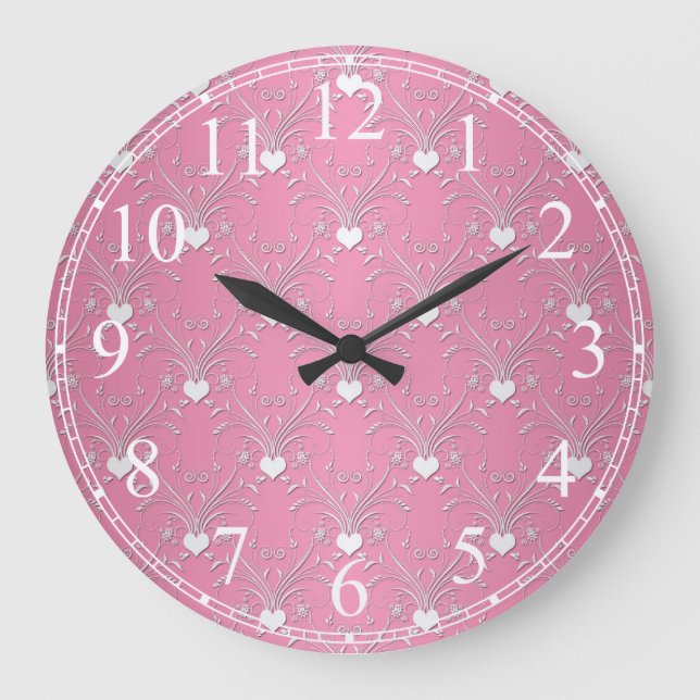 Sweet Pink Hearts Damask Floral Pattern Large Clock (Front)