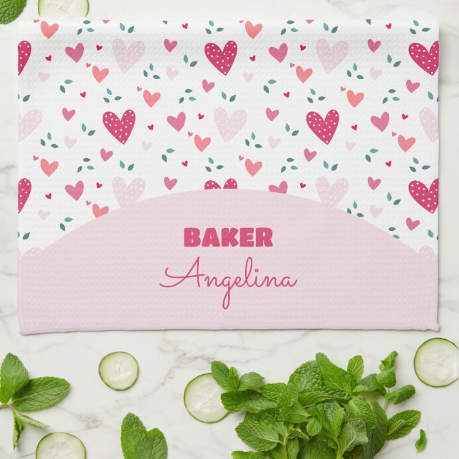 Sweet Pink Hearts Pattern Girl's Cute Kitchen Towel (Folded)