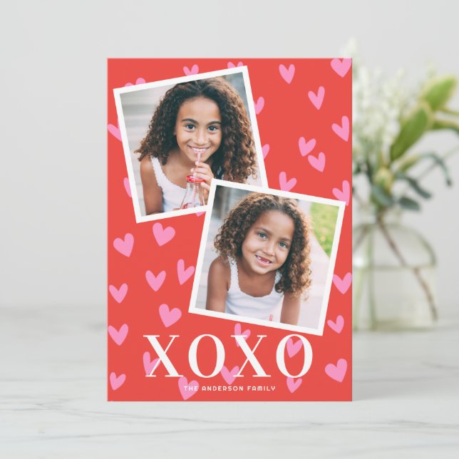 Sweet Pink Hearts XOXO Valentine's Day Two 2 Photo Card (Standing Front)