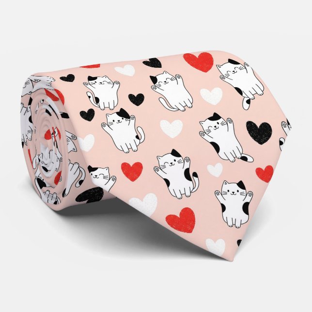Sweet Pink Kawaii Cats & Hearts Pattern (1) Tie (Rolled)