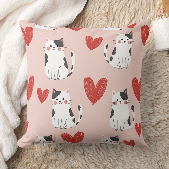 Sweet Pink Kawaii Cats & Hearts Pattern (2) Throw Pillow (Blanket)