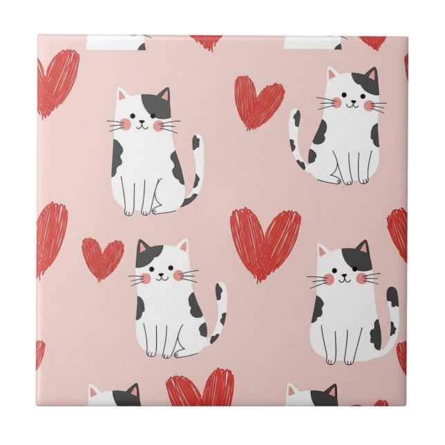 Sweet Pink Kawaii Cats & Hearts Pattern (2) Tile (Front)