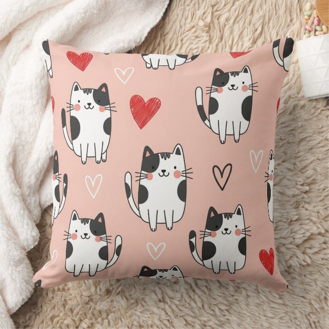 Sweet Pink Kawaii Cats & Hearts Pattern (3) Throw Pillow (Blanket)