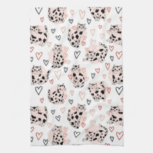 Sweet Pink Kawaii Cats & Hearts Pattern (4) Kitchen Towel