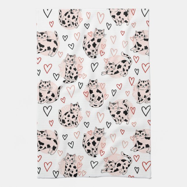 Sweet Pink Kawaii Cats & Hearts Pattern (4) Kitchen Towel (Vertical)