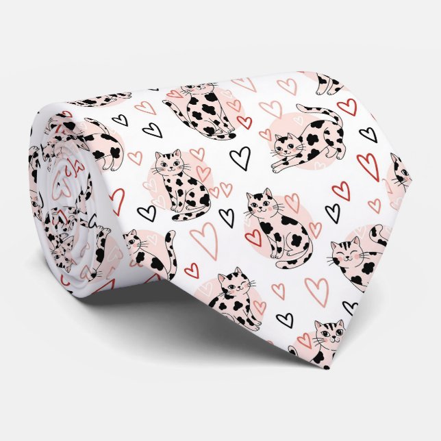Sweet Pink Kawaii Cats & Hearts Pattern (4) Tie (Rolled)