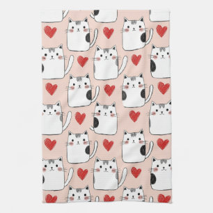 Sweet Pink Kawaii Cats & Hearts Pattern (5) Kitchen Towel