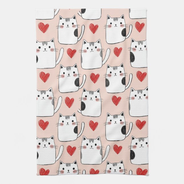 Sweet Pink Kawaii Cats & Hearts Pattern (5) Kitchen Towel (Vertical)