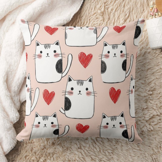Sweet Pink Kawaii Cats & Hearts Pattern (5) Throw Pillow (Blanket)