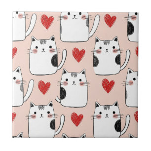 Sweet Pink Kawaii Cats & Hearts Pattern (5) Tile