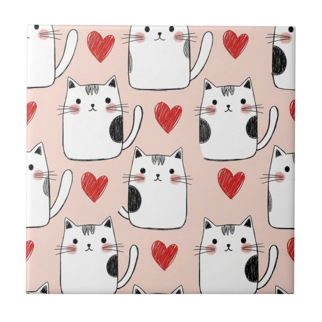 Sweet Pink Kawaii Cats & Hearts Pattern (5) Tile (Front)