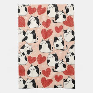Sweet Pink Kawaii Cats & Hearts Pattern (6) Kitchen Towel