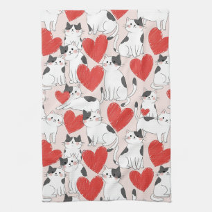 Sweet Pink Kawaii Cats & Hearts Pattern (7) Kitchen Towel
