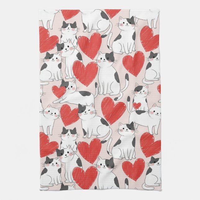 Sweet Pink Kawaii Cats & Hearts Pattern (7) Kitchen Towel (Vertical)