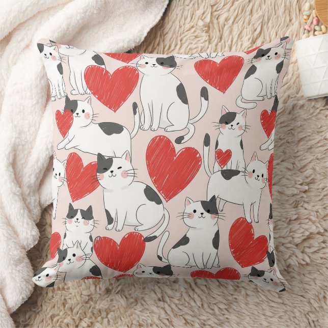 Sweet Pink Kawaii Cats & Hearts Pattern (7) Throw Pillow (Blanket)