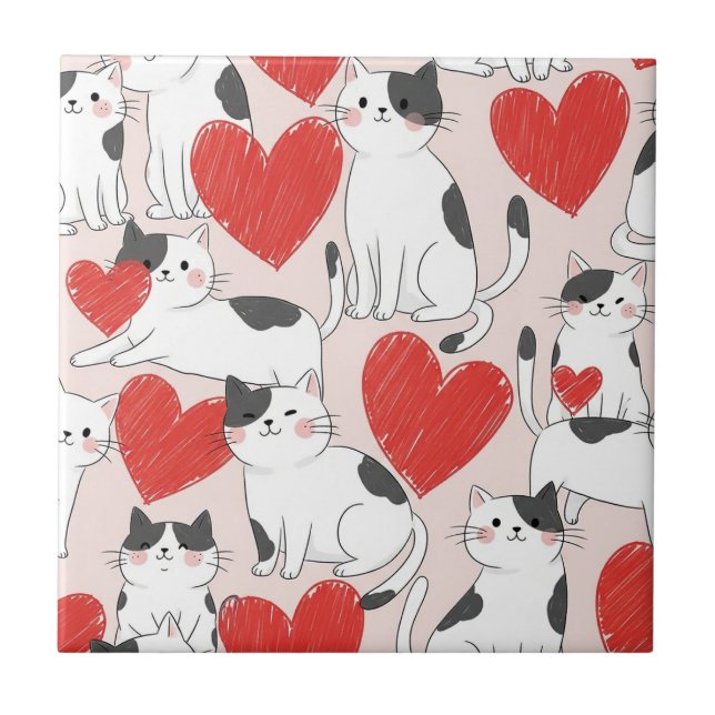 Sweet Pink Kawaii Cats & Hearts Pattern (7) Tile (Front)