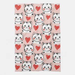 Sweet Pink Kawaii Cats & Hearts Pattern (8) Kitchen Towel