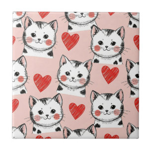 Sweet Pink Kawaii Cats & Hearts Pattern (8) Tile