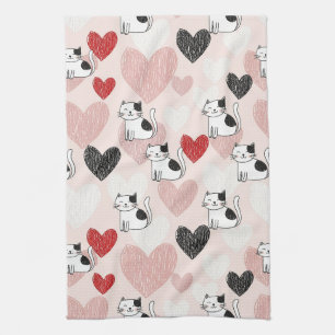 Sweet Pink Kawaii Cats & Hearts Pattern (9) Kitchen Towel