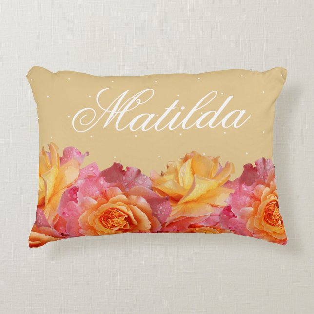 Sweet Pink Lemonade Roses & White Micro Dots Name Decorative Pillow (Front)