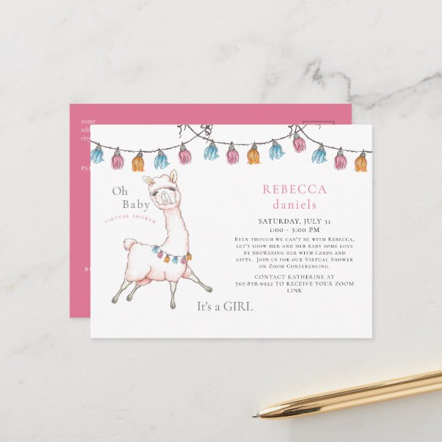 Sweet Pink Llama Sombrero Oh Baby Shower By Mail  Announcement Postcard (Front/Back In Situ)
