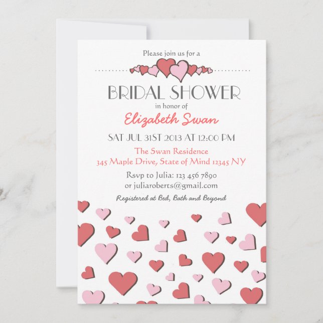 Sweet Pink Love Heart Bridal Shower Invitation (Front)