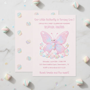 Sweet Pink Marshmallow Butterfly 1st Birthday Invitation