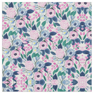 Sweet Pink Navy Flowers Watercolor Pattern Fabric