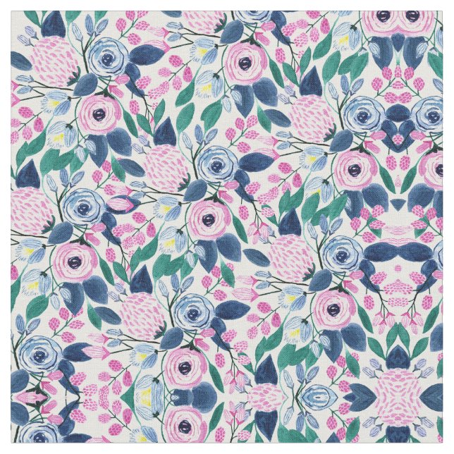 Sweet Pink Navy Flowers Watercolor Pattern Fabric (Close Up)