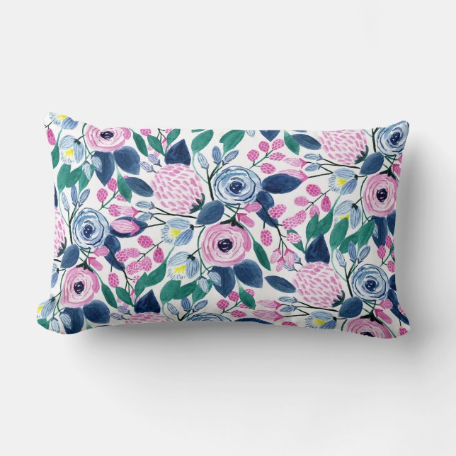 Sweet Pink Navy Flowers Watercolor Pattern Lumbar Pillow (Front)
