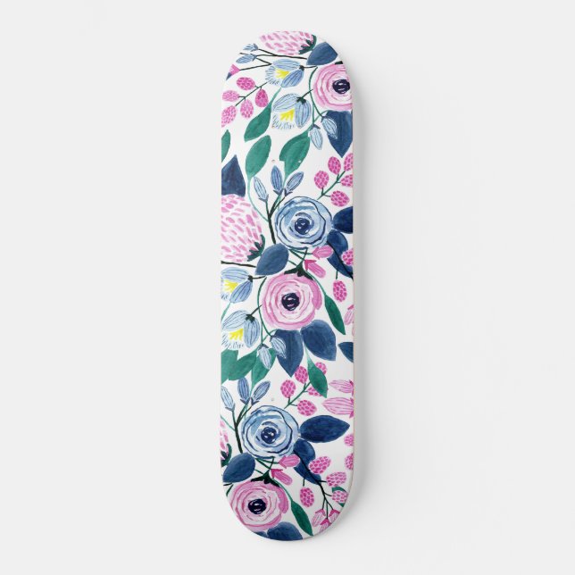 Sweet Pink Navy Flowers Watercolor Pattern Skateboard (Front)
