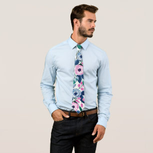 Sweet Pink Navy Flowers Watercolor Pattern Tie