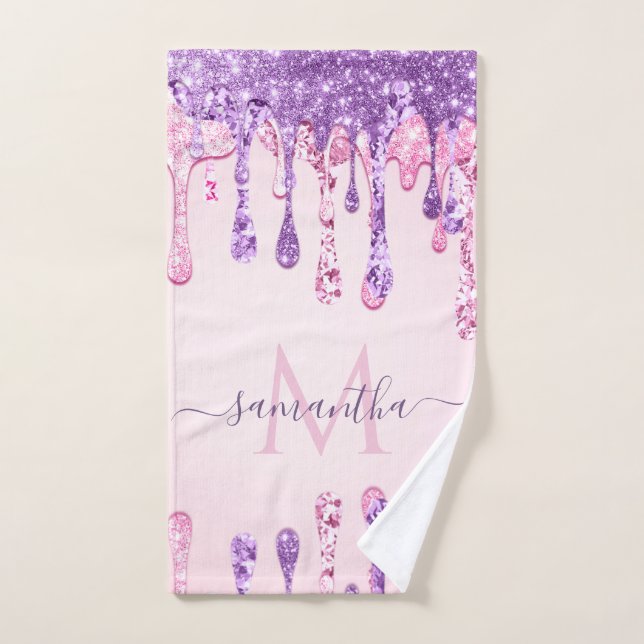 Sweet Pink Purple Glitter Dripping Girly Monogram  Bath Towel Set (Hand Towel)