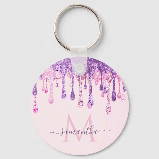 Sweet Pink Purple Glitter Dripping Girly Monogram  Keychain (Front)