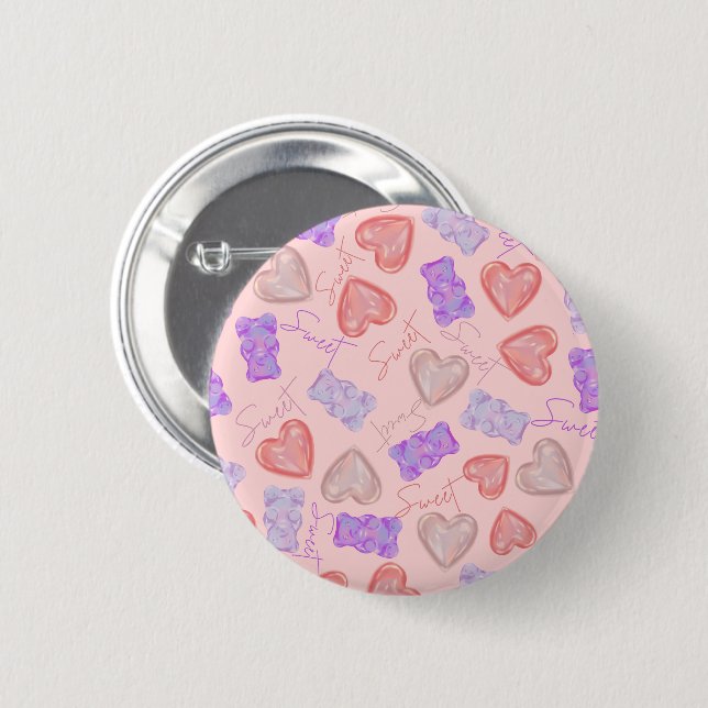Sweet Pink Purple Teddy Bear & Heart Pattern 2 Inch Round Button (Front & Back)