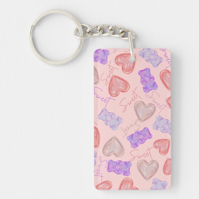 Sweet Pink Purple Teddy Bear & Heart Pattern Keychain (Front)