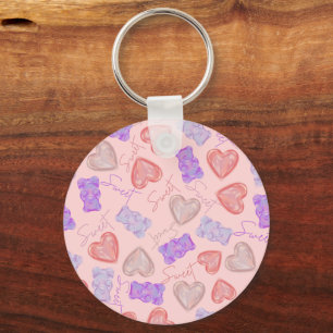 Sweet Pink Purple Teddy Bear & Heart Pattern Keychain