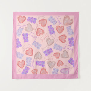 Sweet Pink Purple Teddy Bear & Heart Pattern Tapestry