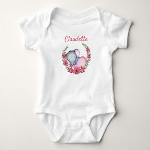 Sweet Pink Rose Floral Baby Elephant Girls Bodysuit