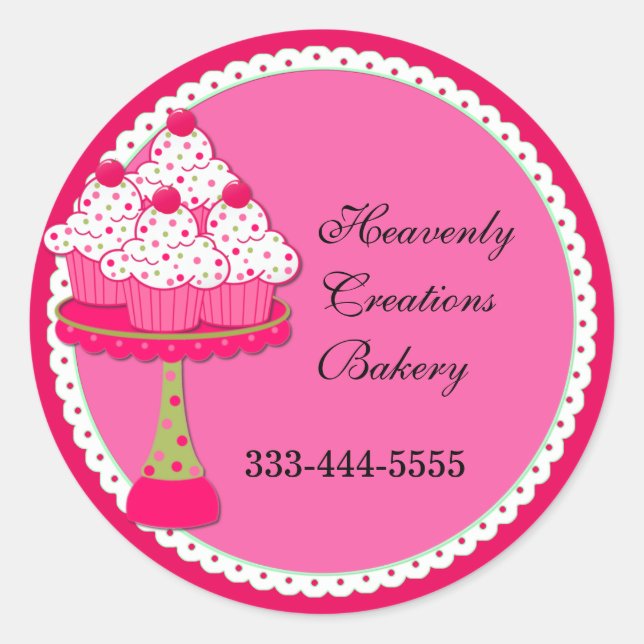 Sweet Pink Round Cupcake Bakery Stickers (Front)