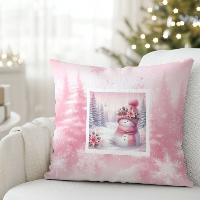 Sweet Pink Snowman Winter Scene Pillow Kids Gift (Sweet Pink Snowman Winter Scene Pillow Kids Gift)