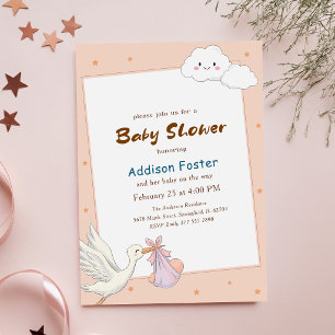 Sweet Pink Stork Girl Cloud Baby Shower Invitation