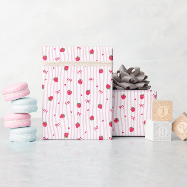 Sweet Pink Strawberry Pattern Wrapping Paper Roll (Baby Shower)