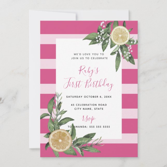 Sweet Pink Stripe Lemon Citrus First Birthday Invitation (Front)