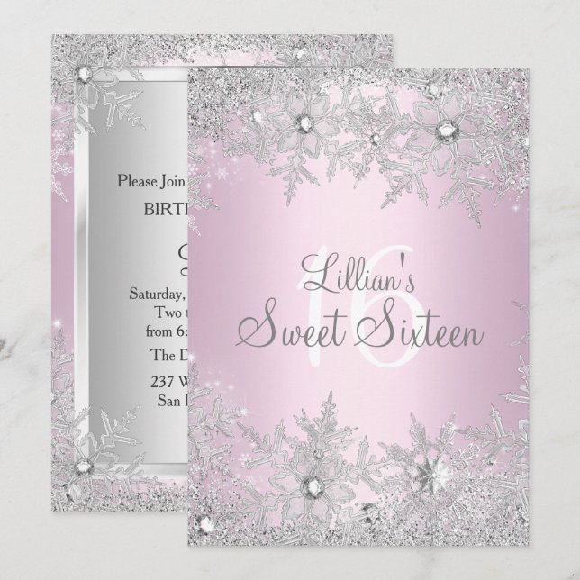Sweet Pink Sweet 16 Snowflake Winter Wonderland Invitation (Front/Back)