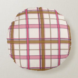 Sweet Pink Tan Plaid Aesthetic Round Pillow