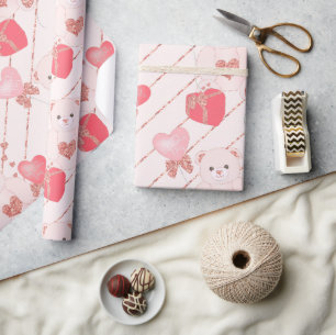 Sweet Pink Teddy Bear Heart Balloon Valentines Day Wrapping Paper