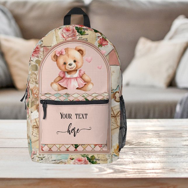 Sweet Pink Vintage Scrapbook Boho Chic  Printed Backpack (Backpack featuring a vintage pink design in scrapbook style. With cute teddy bear for a new mom)