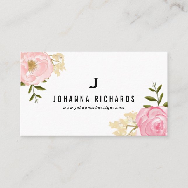 Sweet Pink Watercolor Peonies Floral Monogram Business Card (Front)
